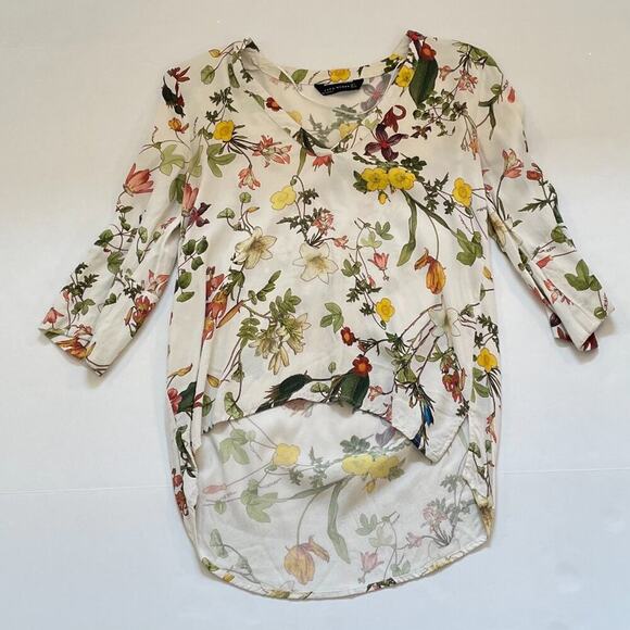 Zara Ivory Floral V-Neck Ruffle 3/4 Sleeve High Low Blouse/Top Size, S - Picture 10 of 14